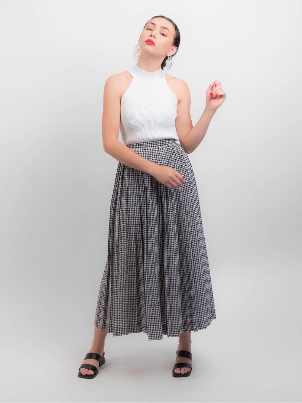 Vintage Ralph Lauren 100% Silk Houndstooth Midi Skirt
